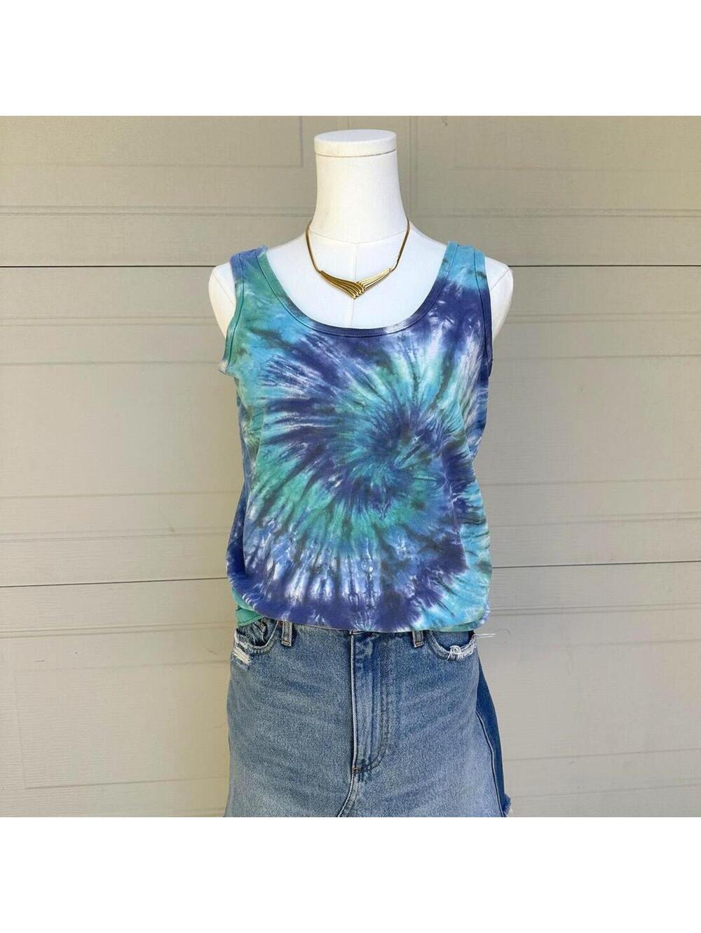 Vinage Anvil Womens Blue Tie-Dye Cotton Tank Top 100% Cotton (M)